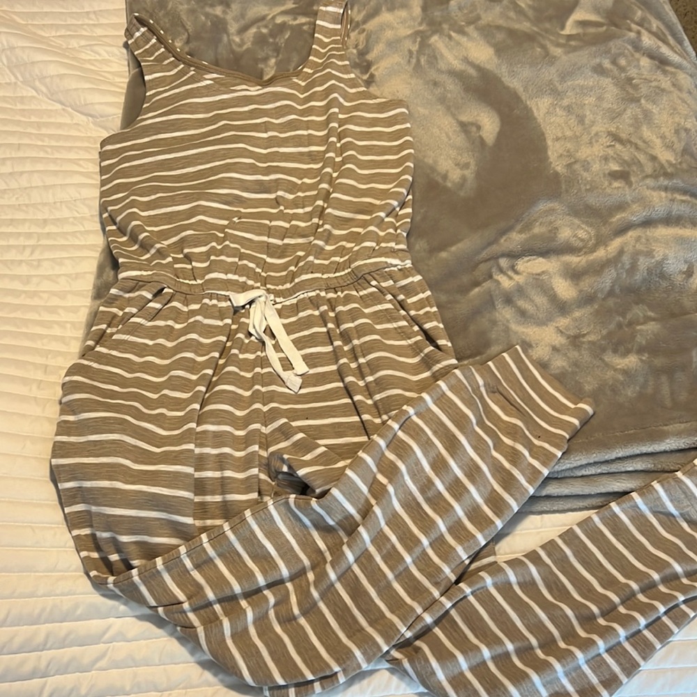 Aerie tan, stripped, drawstring, cinched waist jumpsuit.